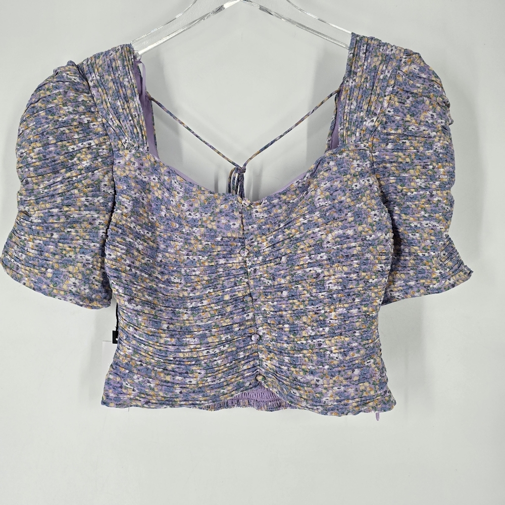 ASTR Purple Floral Puff Sleeve Crop Top Pleated Size XS Purple Blue Ditsy